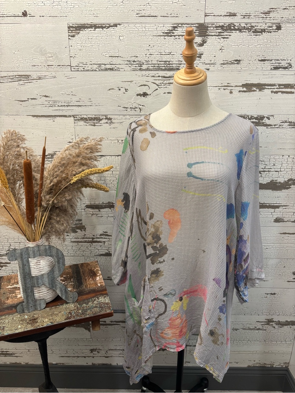 Grizas Light Gray Abstract Print Boatneck Tunic with Multicolor Accents